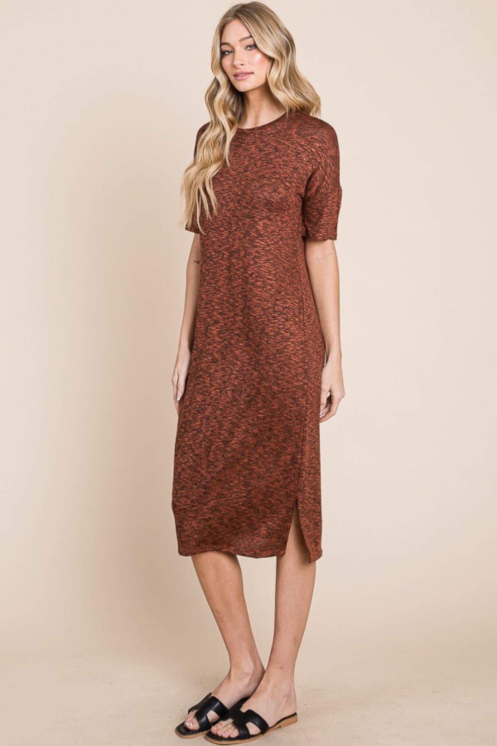 Round Neck Side Slit Midi Dress in Rust or Black