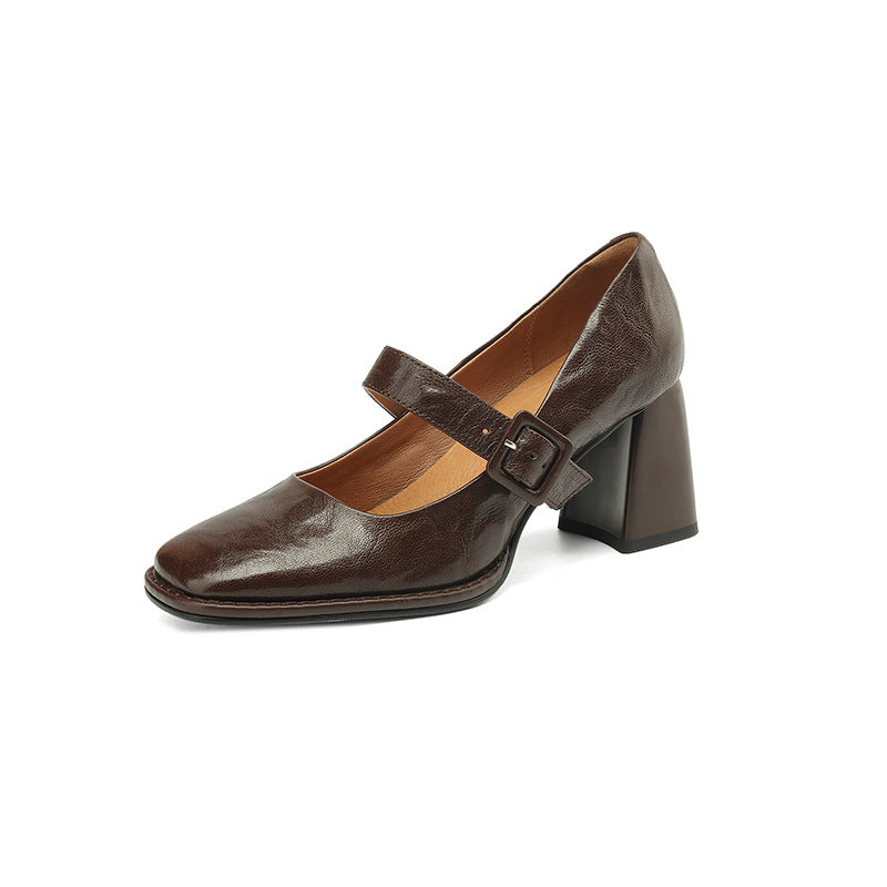 Women's Sheepskin Mary Jane Heels Square Toe Chunky Buckle Pumps - Image 6