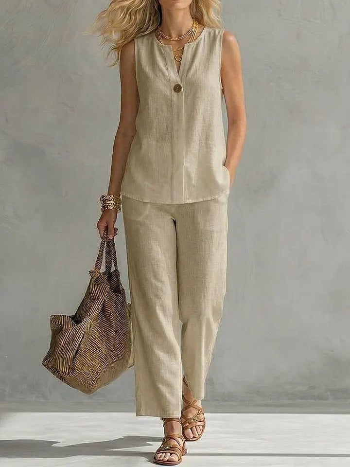Women's Sleeveless V-Neck Top and Wide Leg Pant Two-Piece Set
