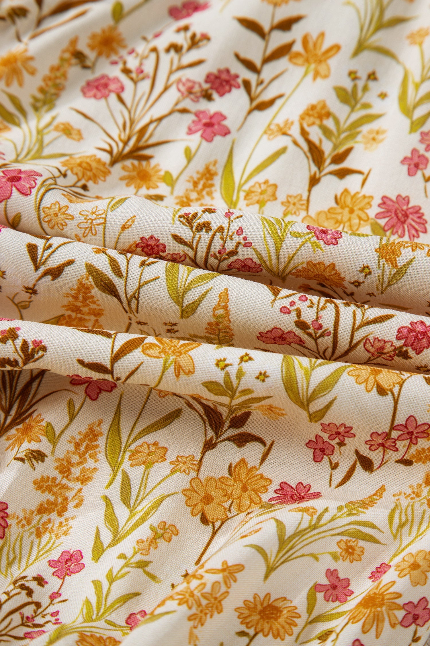 Yellow Floral Print Frilly Trim Smocked Cuff Long Sleeve Shirt Dress