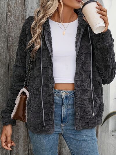 Dark Gray Fuzzy Zip-Up Jacket with Drawstring and Checkered Print