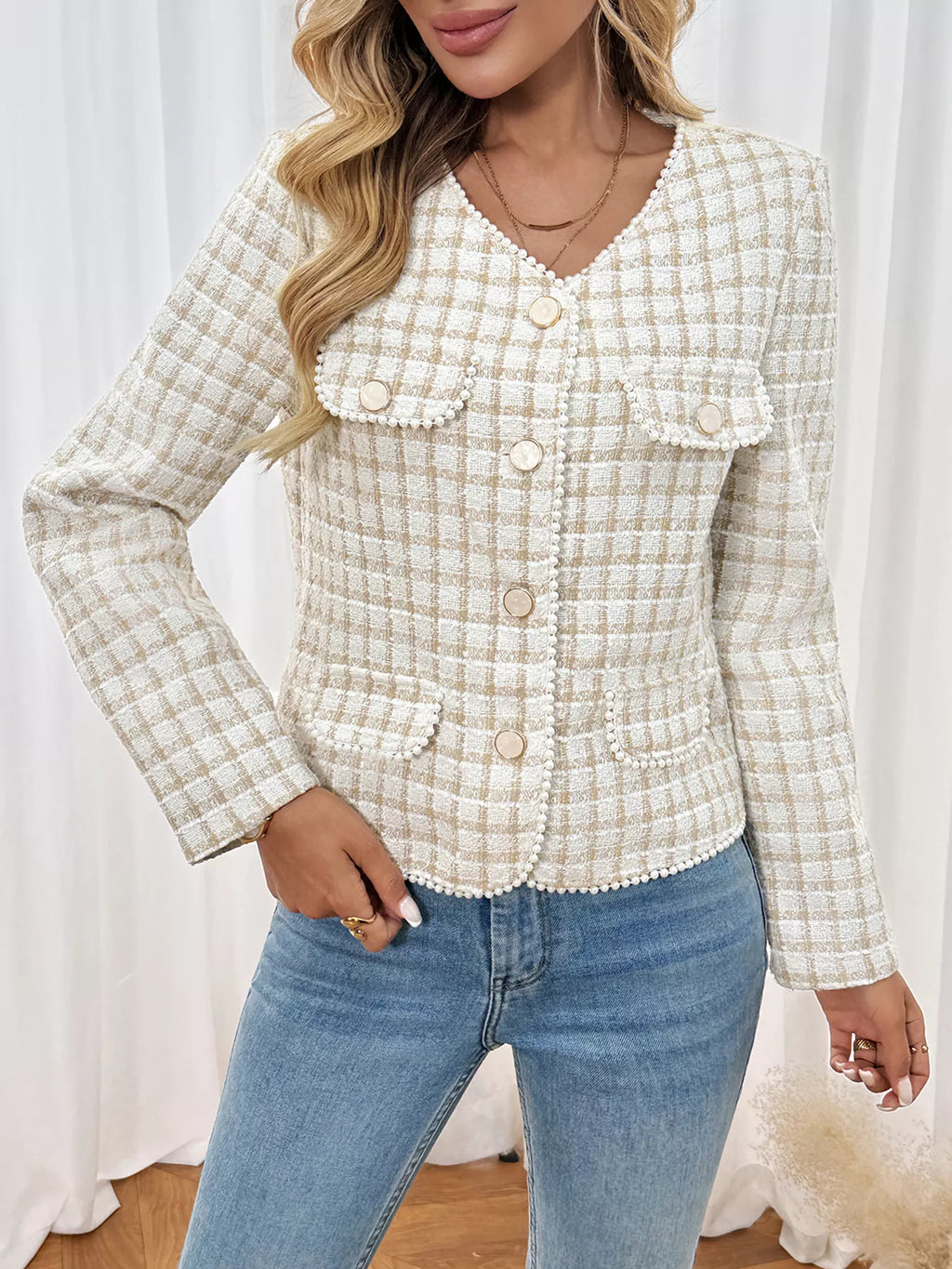 Pearl Trim Button Up Tweed Outerwear