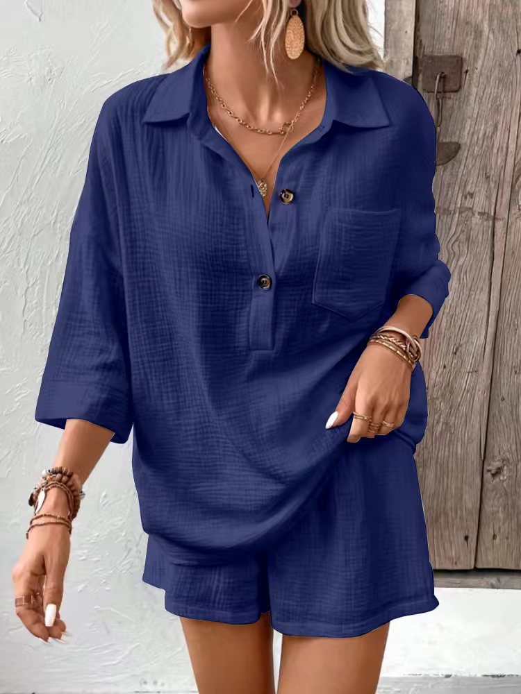 Women's Button-Down Lapel Shirt and Drawstring Shorts Set - Image 7