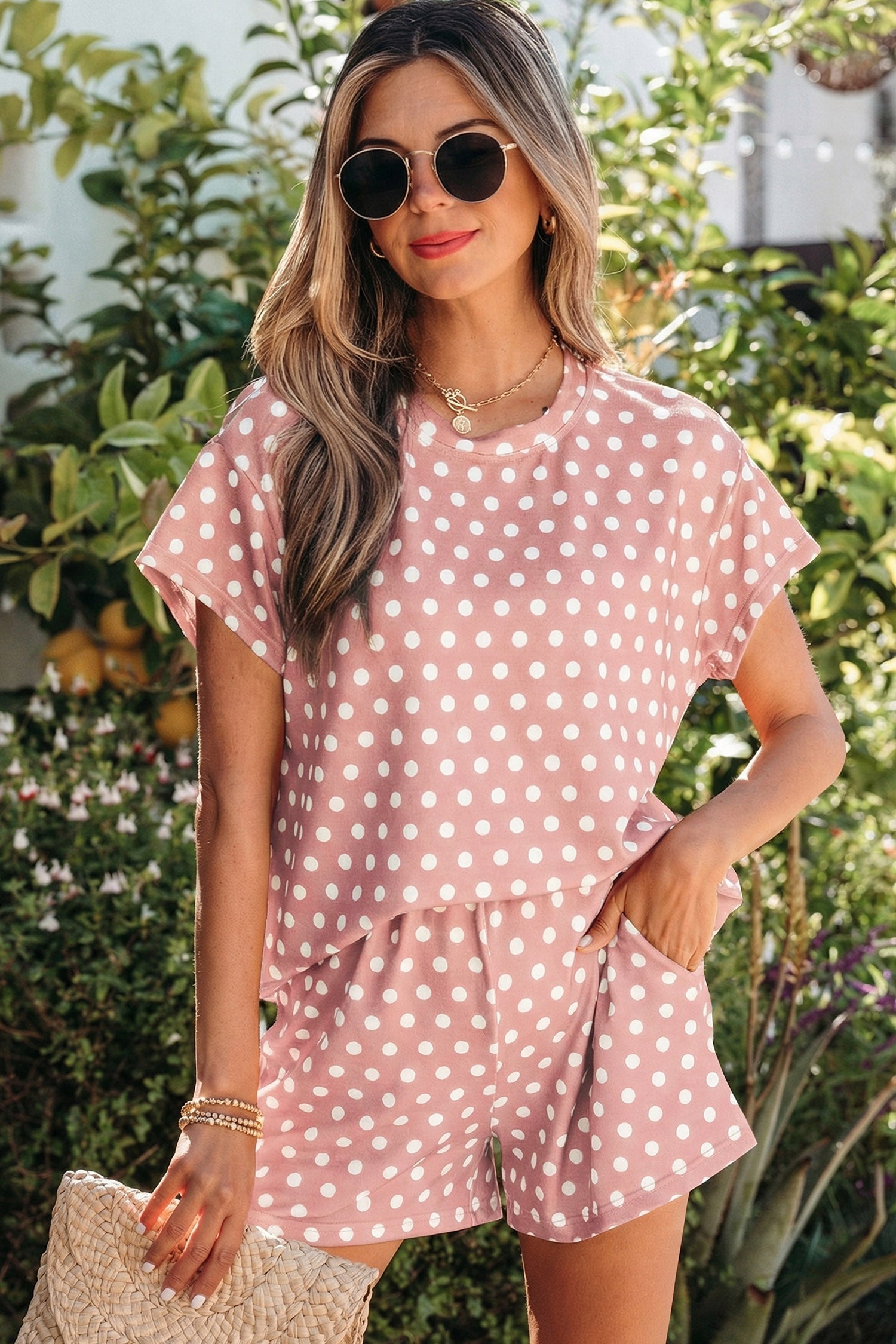 Purple Polka Dot Short Set Women's Two-Piece Casual Lounge Outfit
