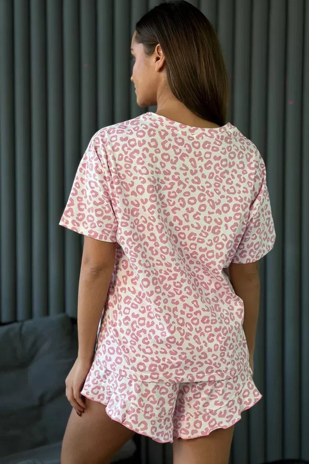 Pink Leopard Print Pajama Set | Round Neck Top & Ruffle Shorts