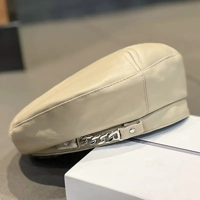 Women's PU Leather Beret Hat with Chain Detail