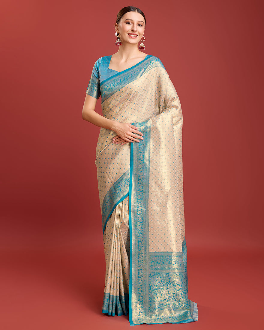 Sky blue Kanjivaram silk saree with traditional zari weaving