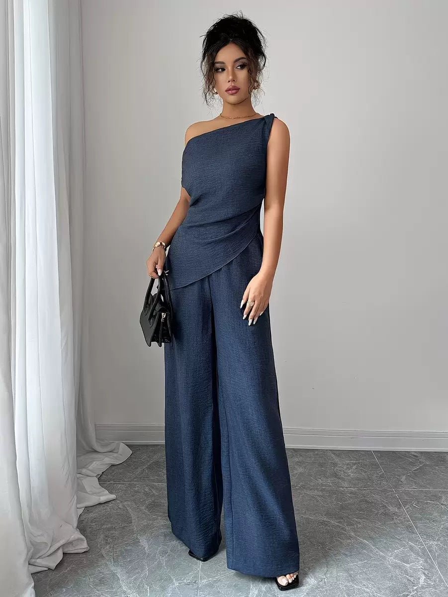 One-Shoulder Asymmetric Top & Wide-Leg Pants 2-Piece Co-ord Set