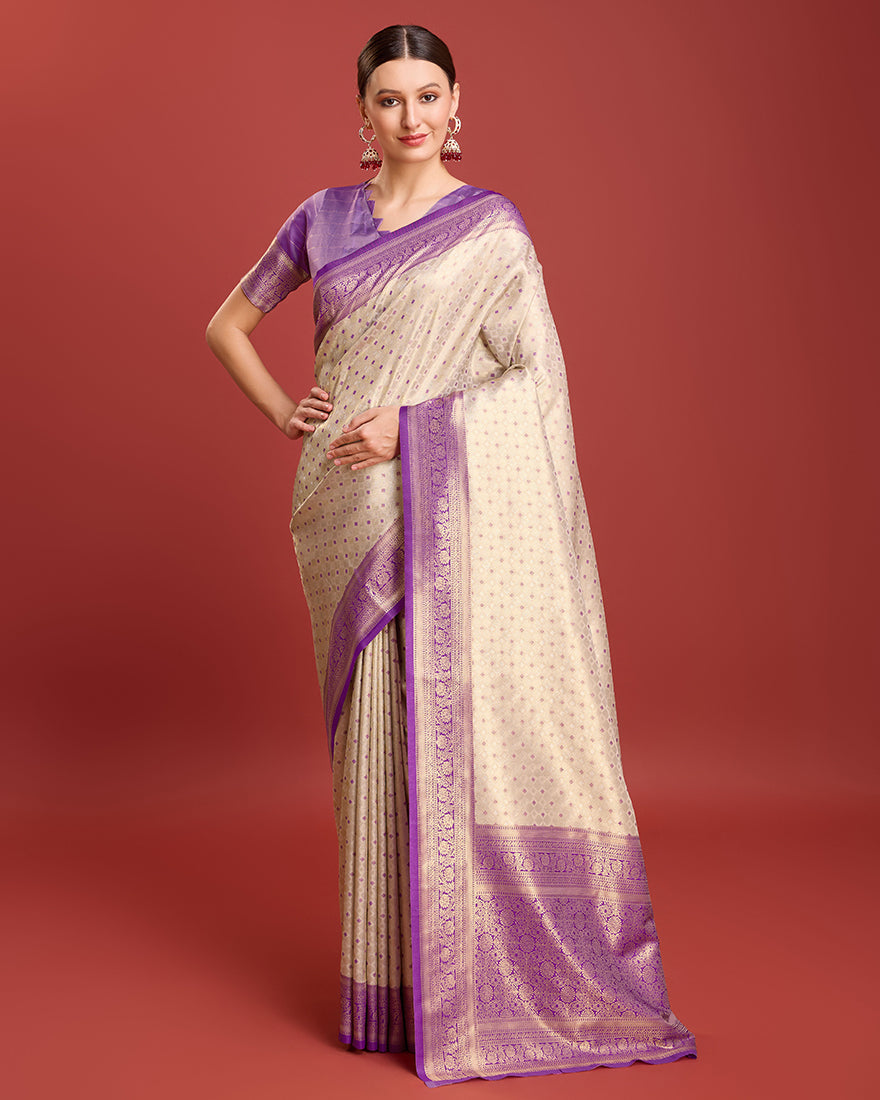 Lavender Kanjivaram silk saree with intricate gold zari weaving