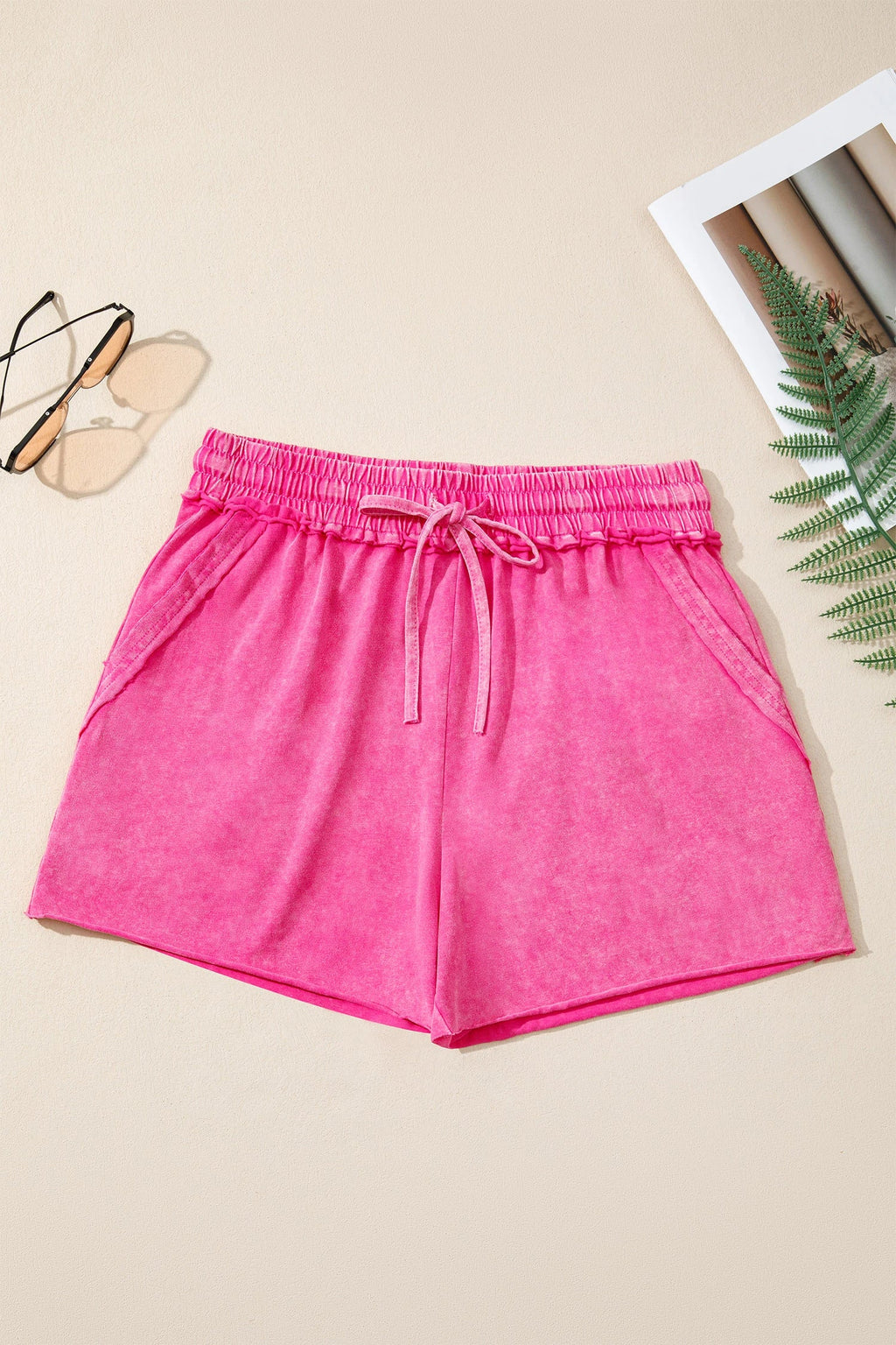 Mineral Wash Drawstring Elastic Waist Raw Cut Shorts