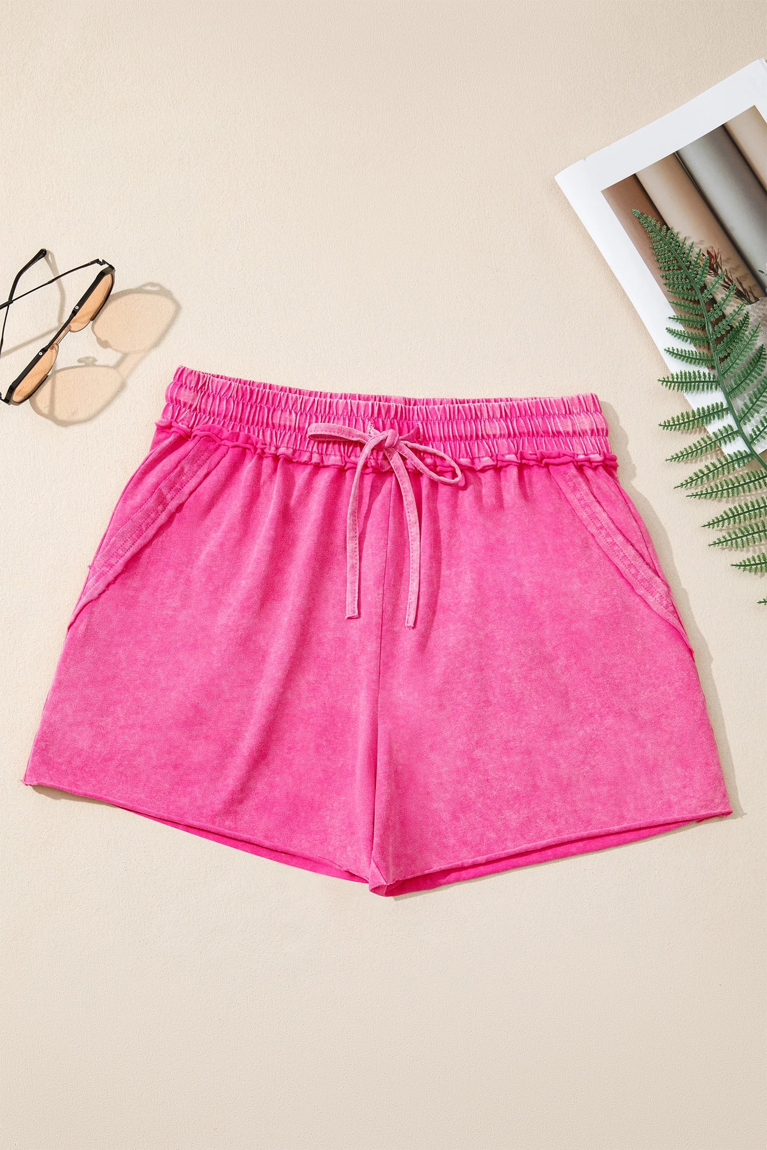 Mineral Wash Drawstring Elastic Waist Raw Cut Shorts