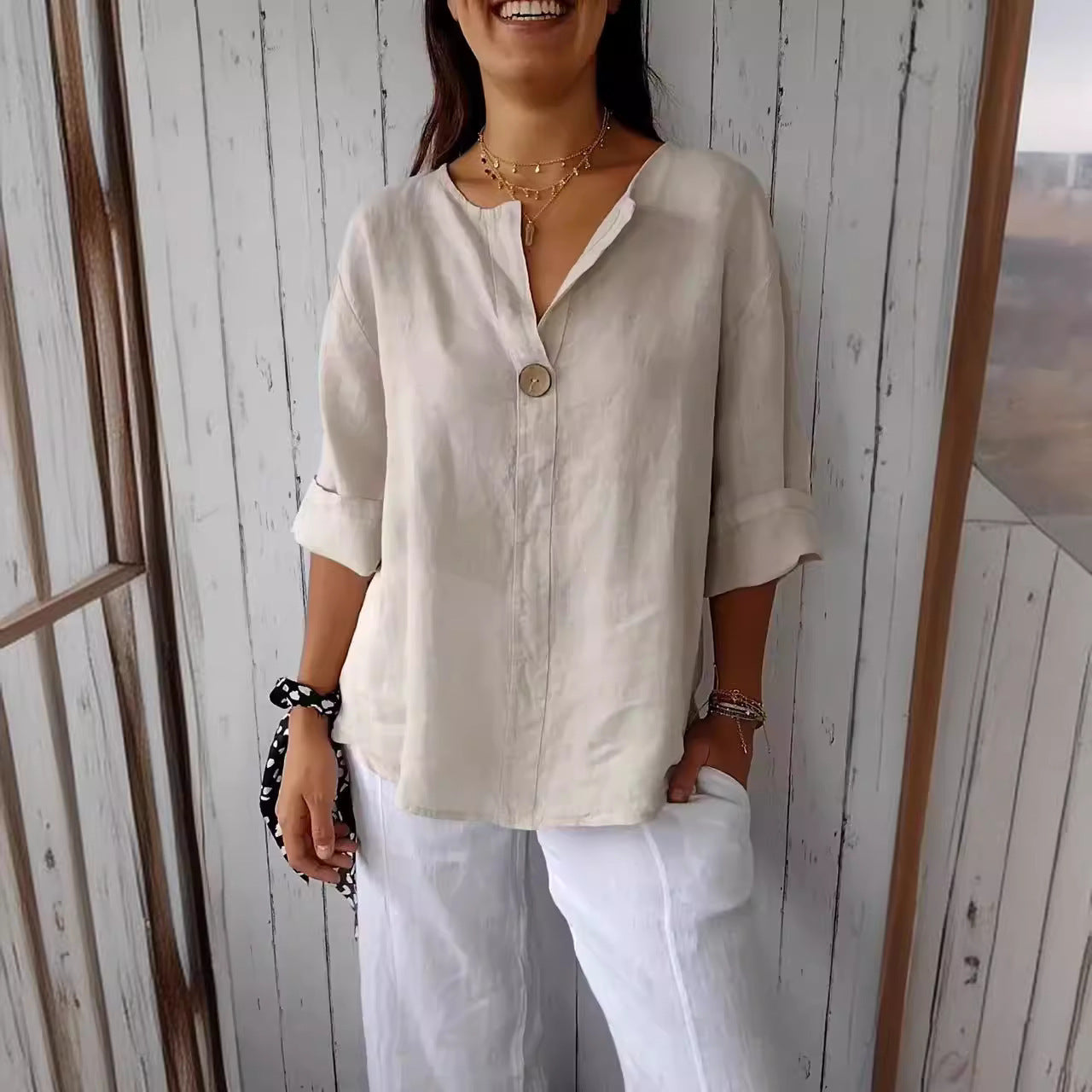 Women's V-Neck Long-Sleeve Linen Button Top – Loose Casual Blouse