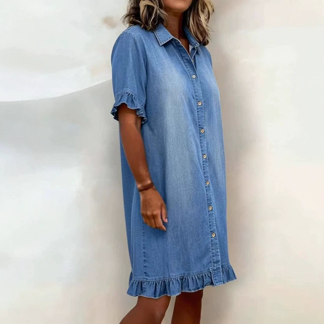 Women's Blue Faux Denim Ruffle Sleeve Casual Shirt Dress - Image 2