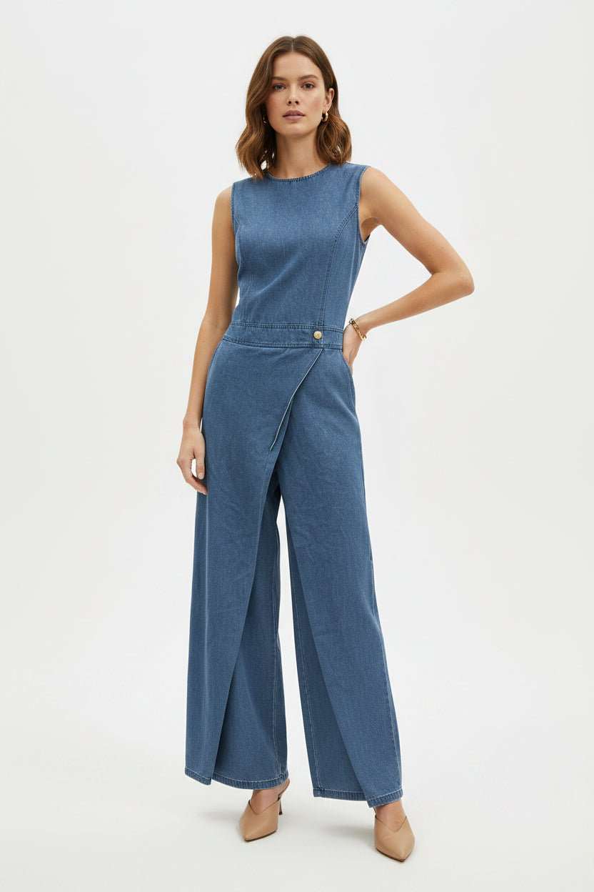 Women's Sleeveless Denim-Style Wide-Leg Jumpsuit