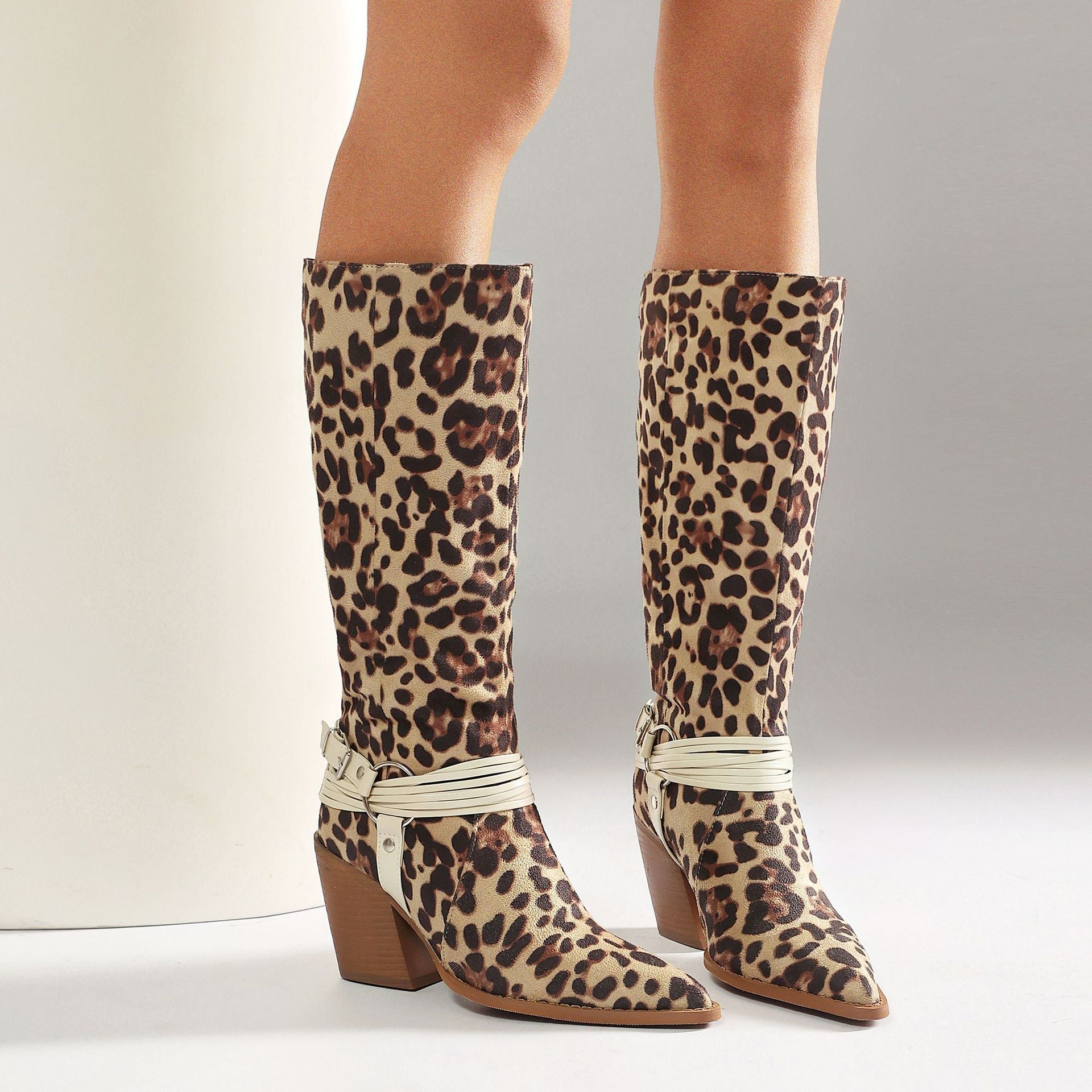 Women's Leopard Print Knee-High Western Boots | Chunky Heel & Harness Buckle