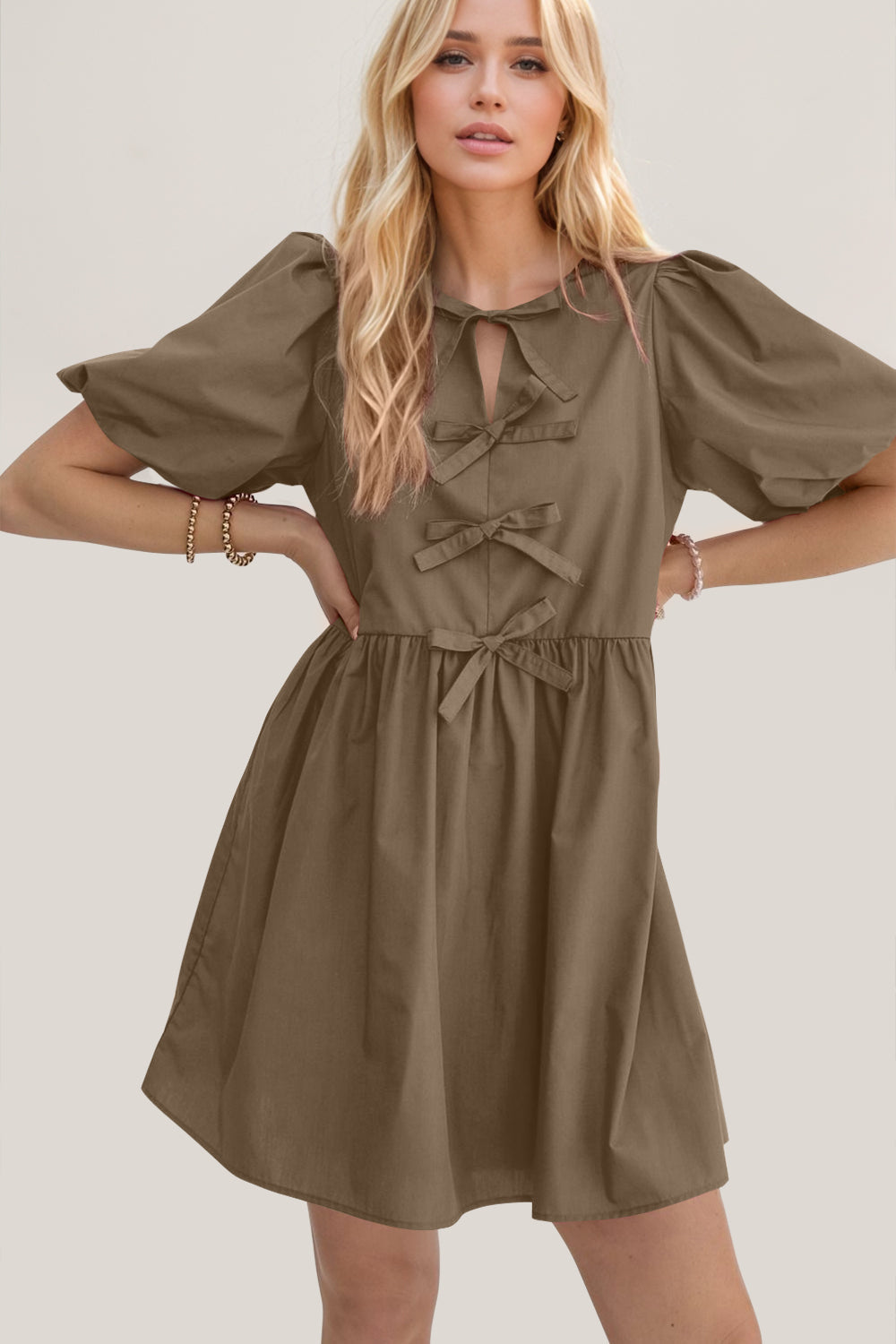 Ruched Puff Sleeve Mini Dress with Bow Detail