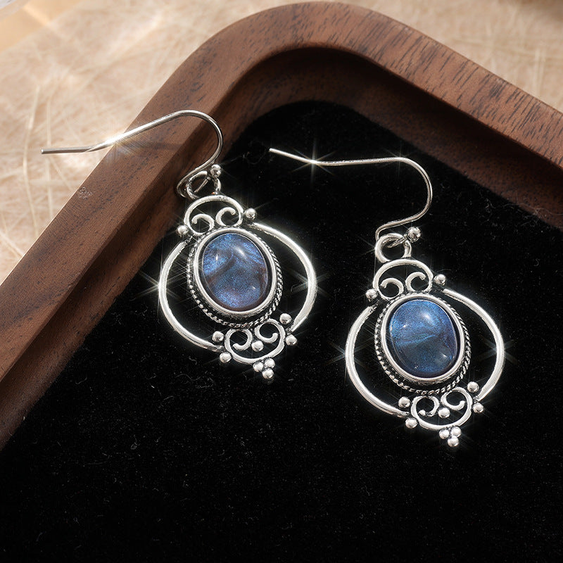 Vintage Blue Oval Stone Drop Earrings Silver Tone Brass Women Boho Artistic Daily Fashion Jewelry