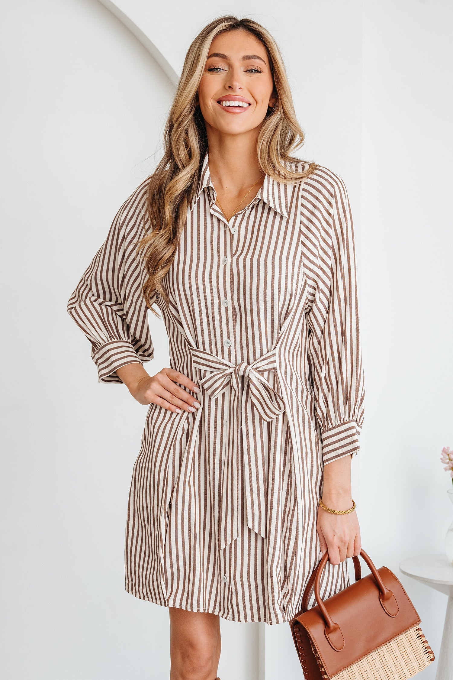 Stripe Knot Waist Sleeve Button Down Dress