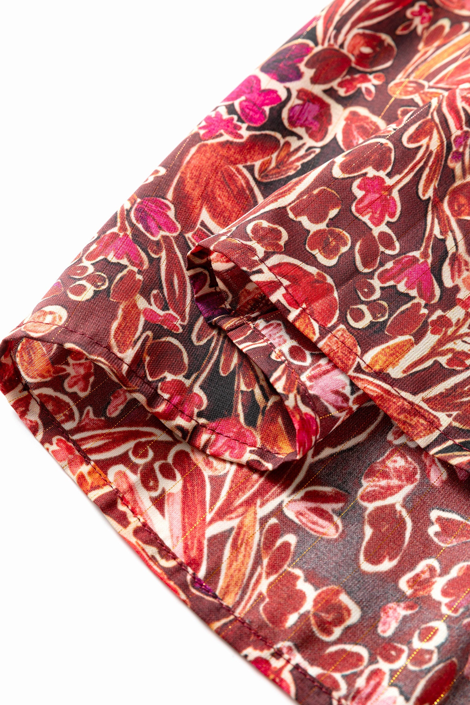 112 Red Floral Chiffon Long Sleeve Mini Dress - Shirred High Neck