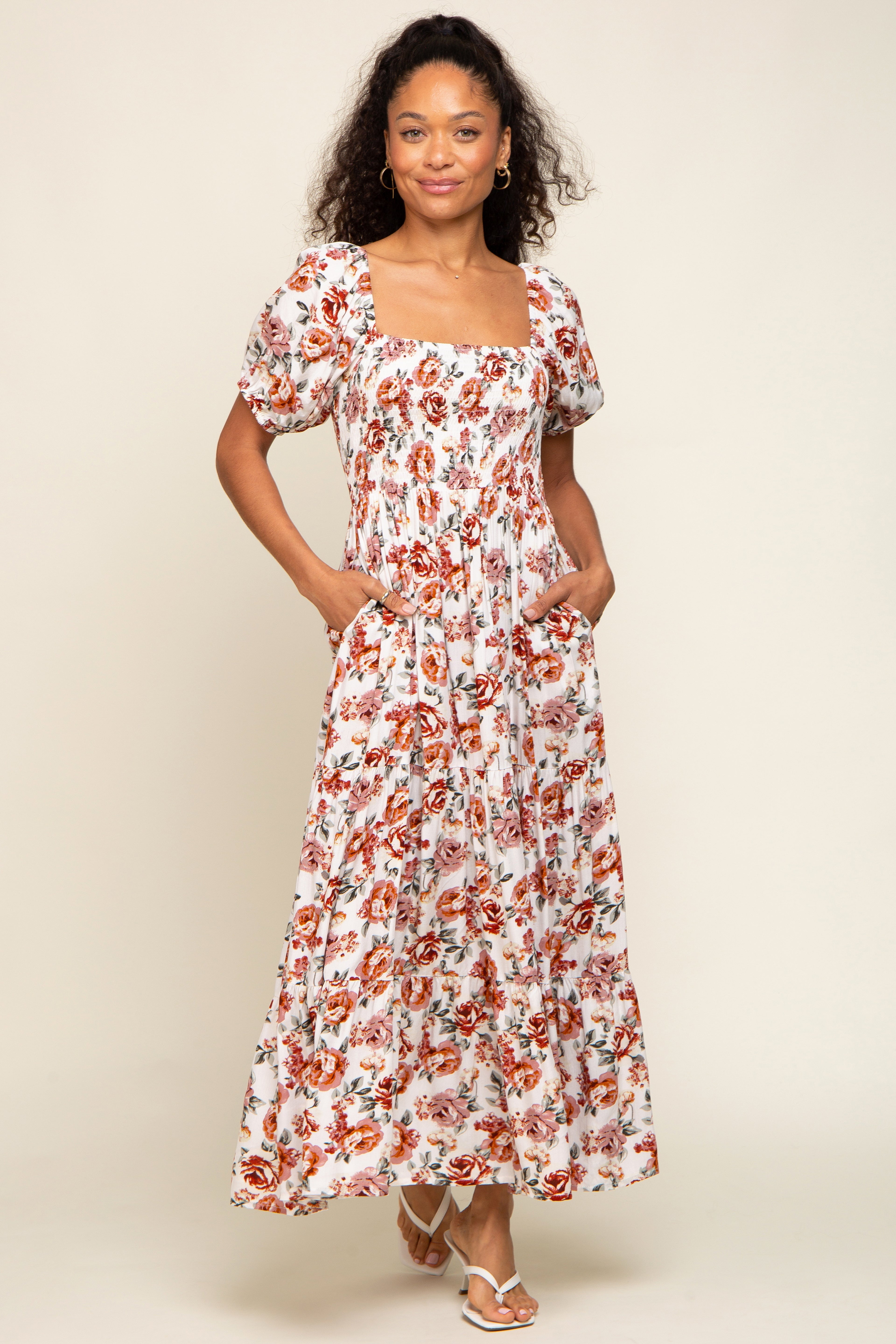 Cream Floral Smocked Square Neck Tiered Maternity Maxi Dress