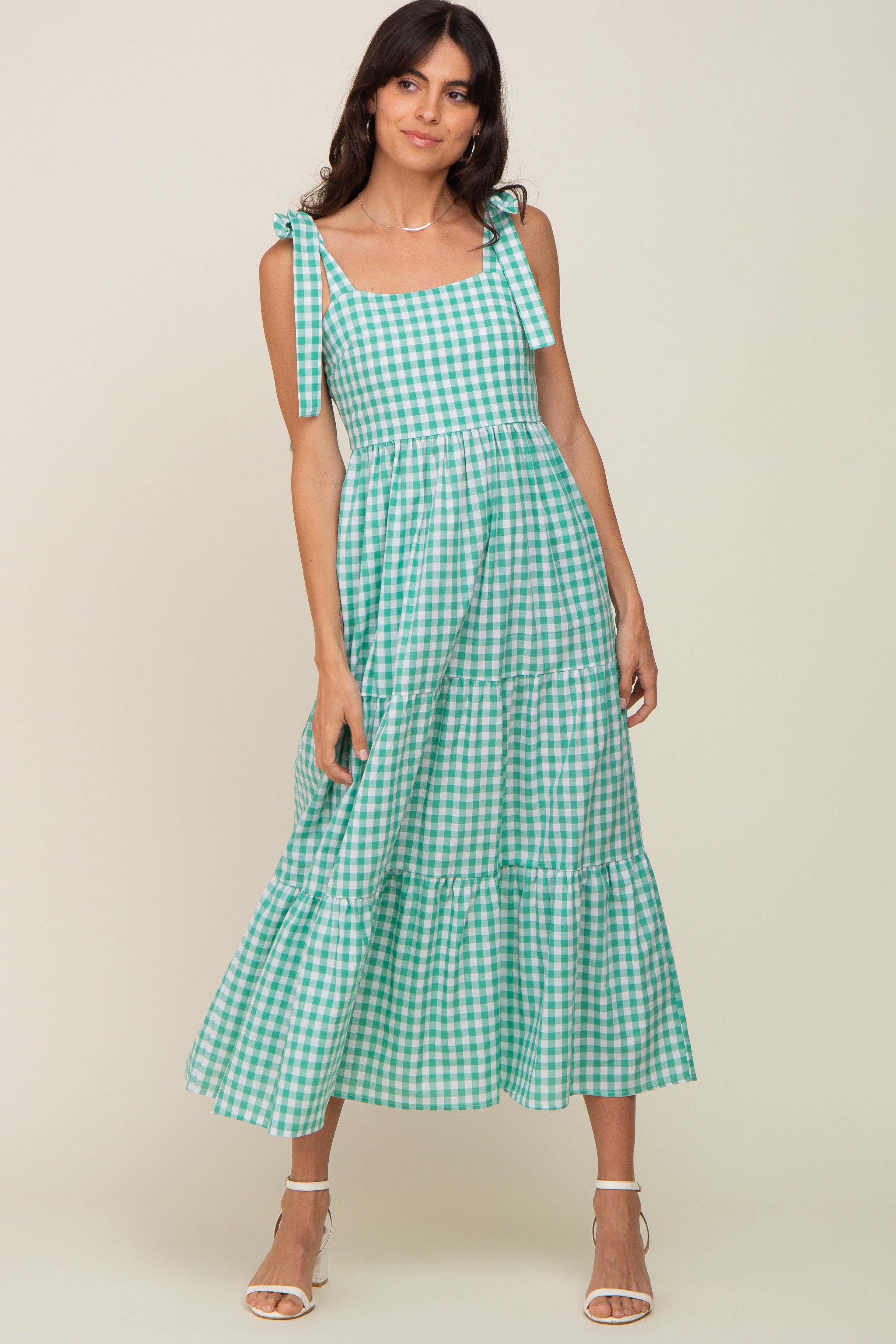 Green Checkered Sleeveless Tiered Maxi Dress