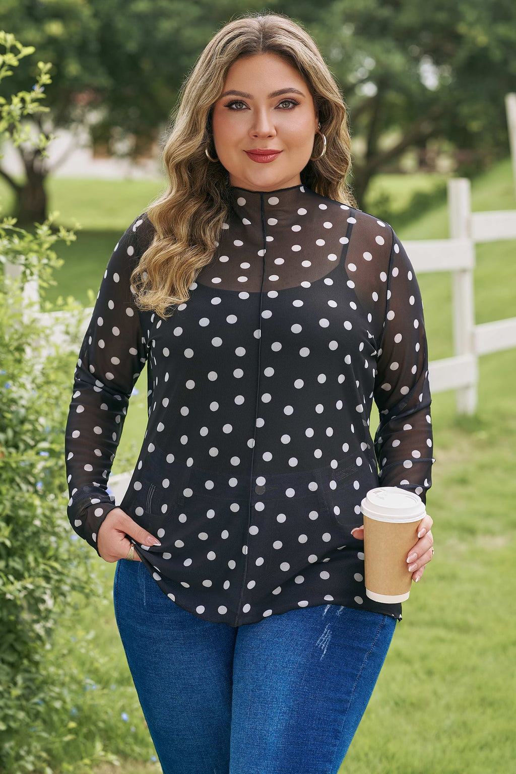 Polka Dot Mesh Long Sleeve Top Colorblock Modern Minimalist Tee