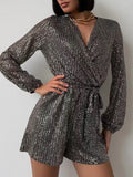 Sequin Surplice Tie Waist Long Sleeve Mini Romper