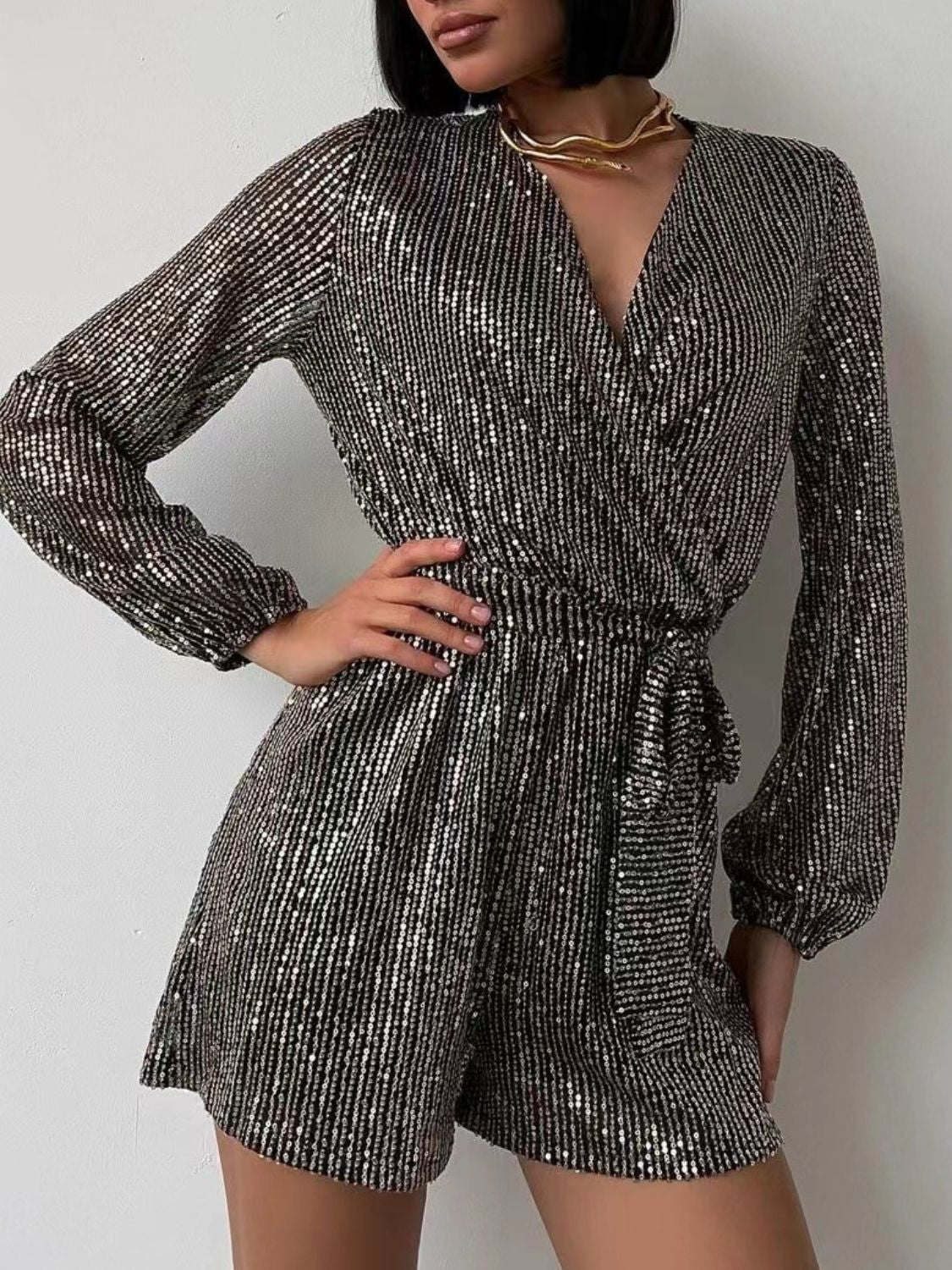 Sequin Surplice Tie Waist Long Sleeve Mini Romper