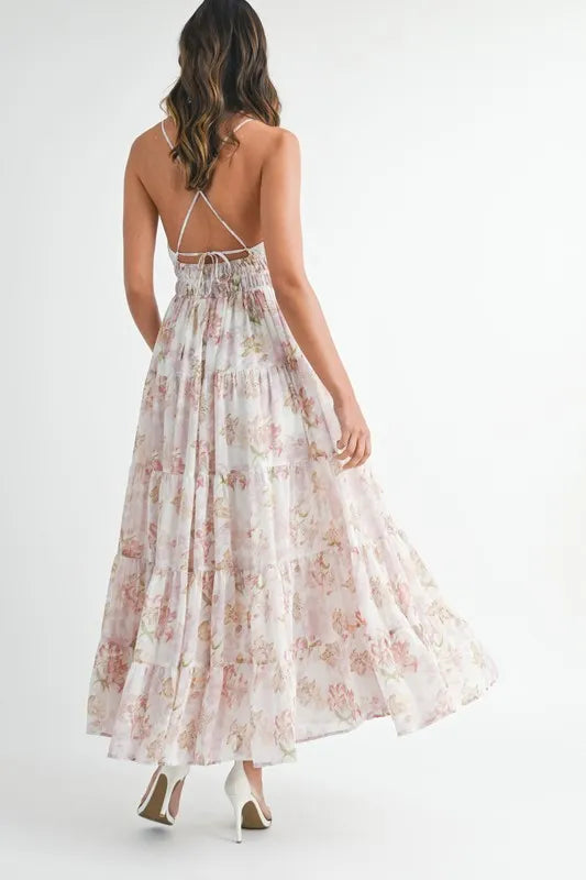 Floral Print Tiered Cami Maxi Summer Dress in White or Pink