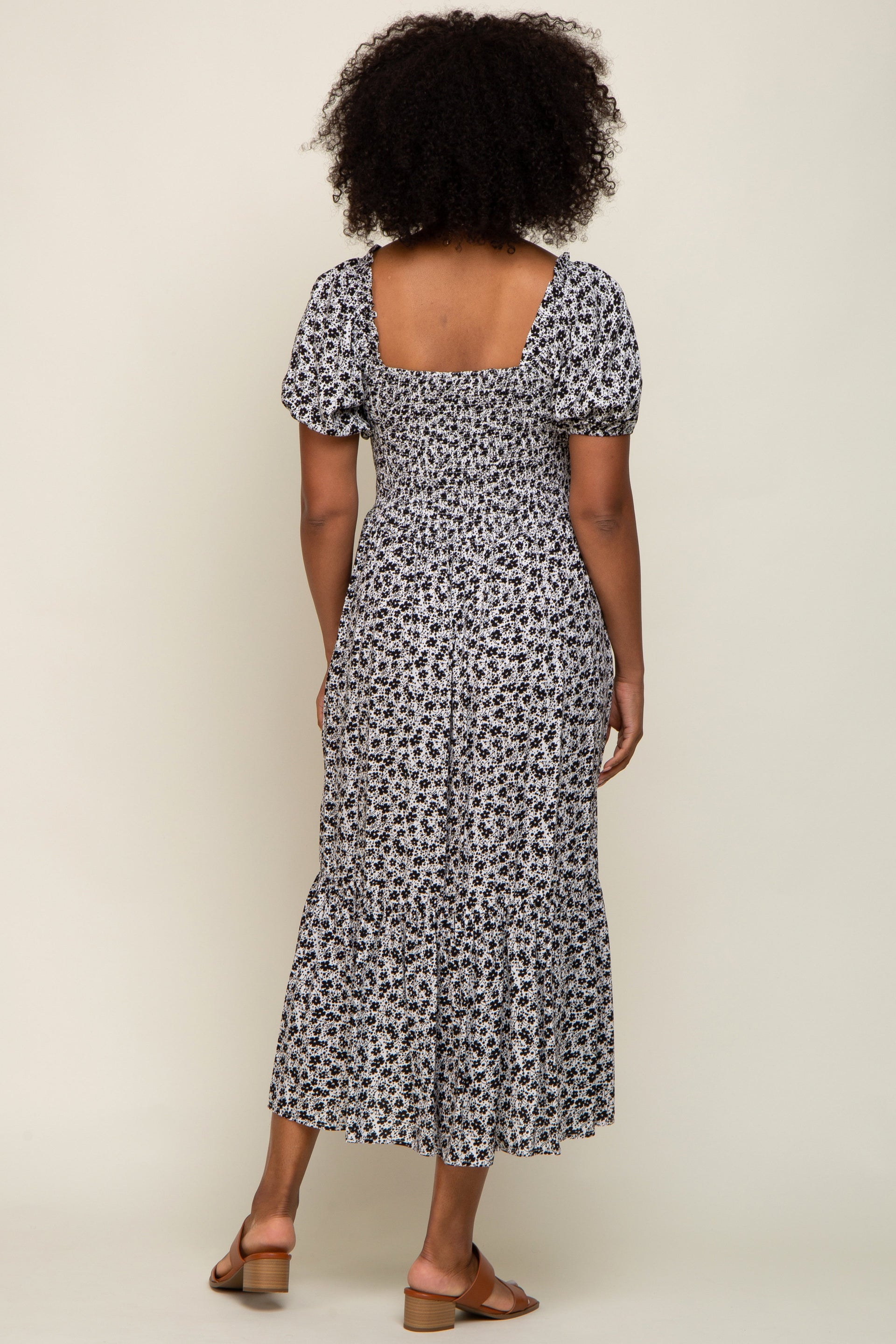 Black Floral Smocked Short Sleeve Midi Dress