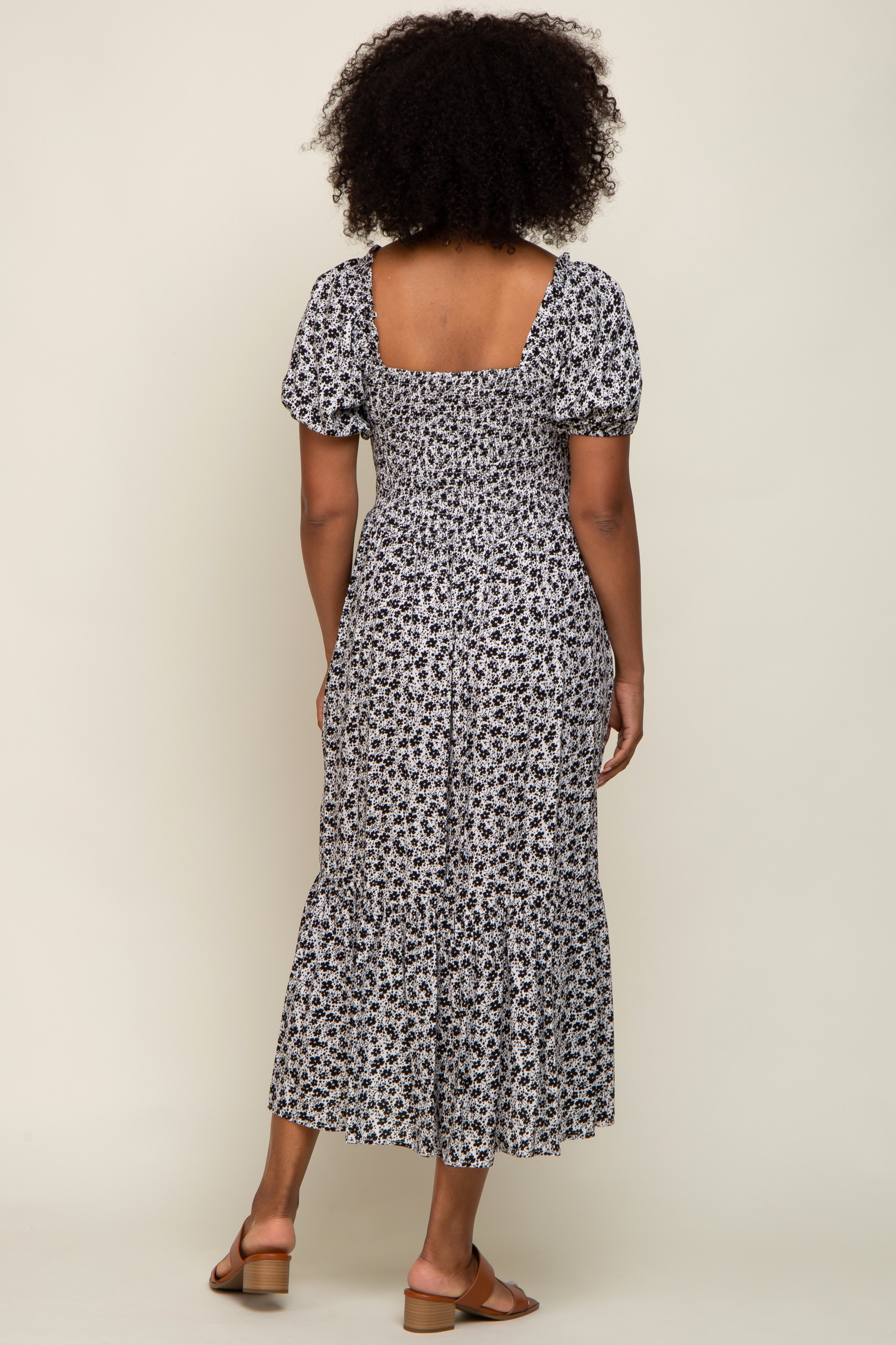 Black Floral Smocked Short Sleeve Midi Dress