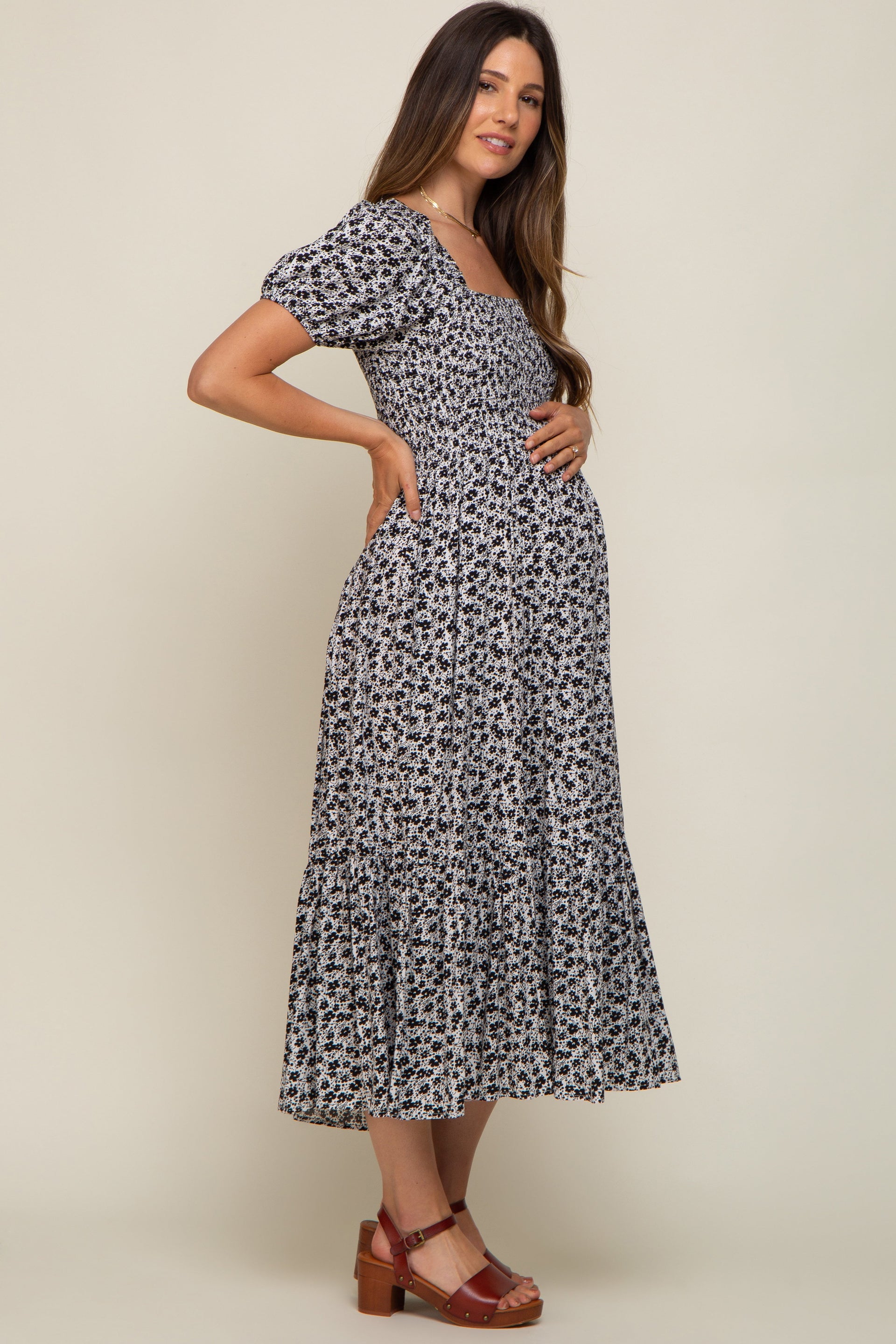 Black Floral Smocked Short Sleeve Maternity Midi Dress