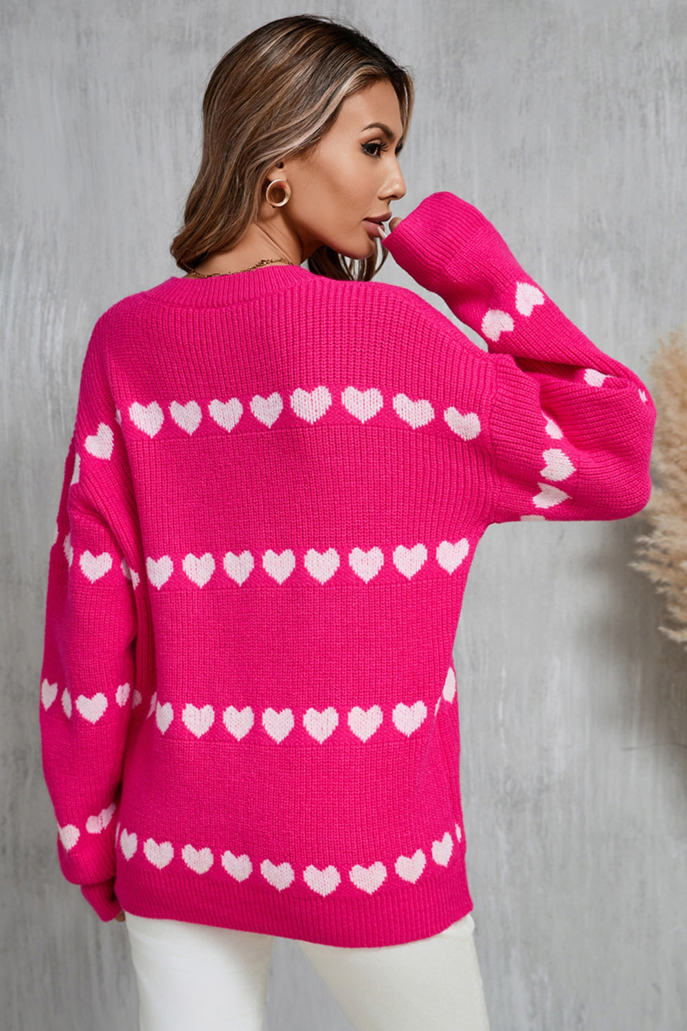 White Red Heart Print Long Sleeve Crew Neck Sweater - Image 17