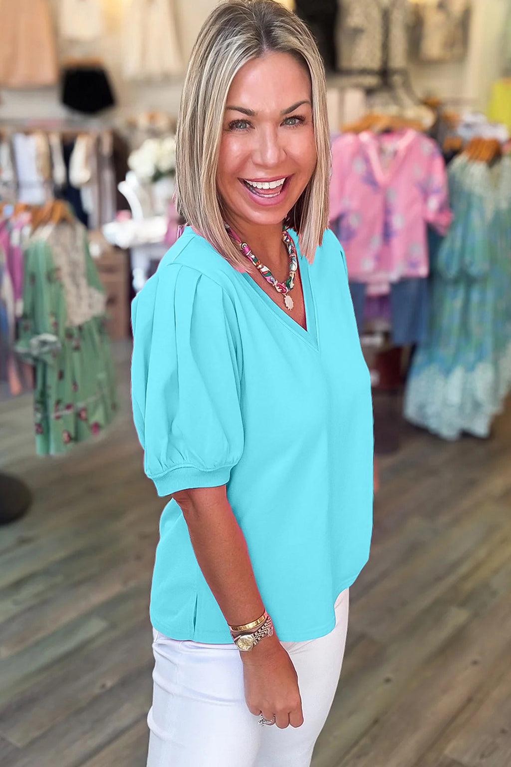 Bonbon Solid Color V Neck Short Puff Sleeve Blouse