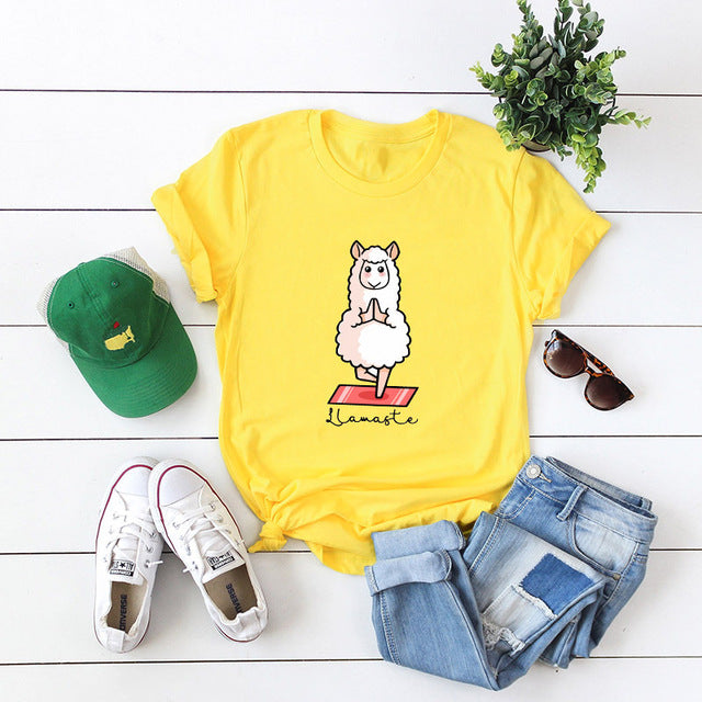 Women's Cotton Graphic T-Shirt - 'Llamaste' Sheep Print Tee - Image 12