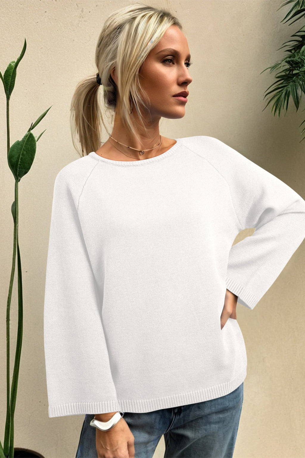 White Solid Color Knit Loose Bracelet Sleeve Dolman Sweater