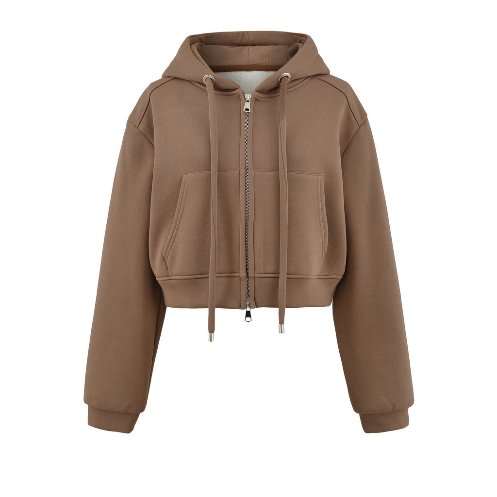 Velvet Cropped Zip-Up Hoodie Sweatshirt with Drawstring - Image 5