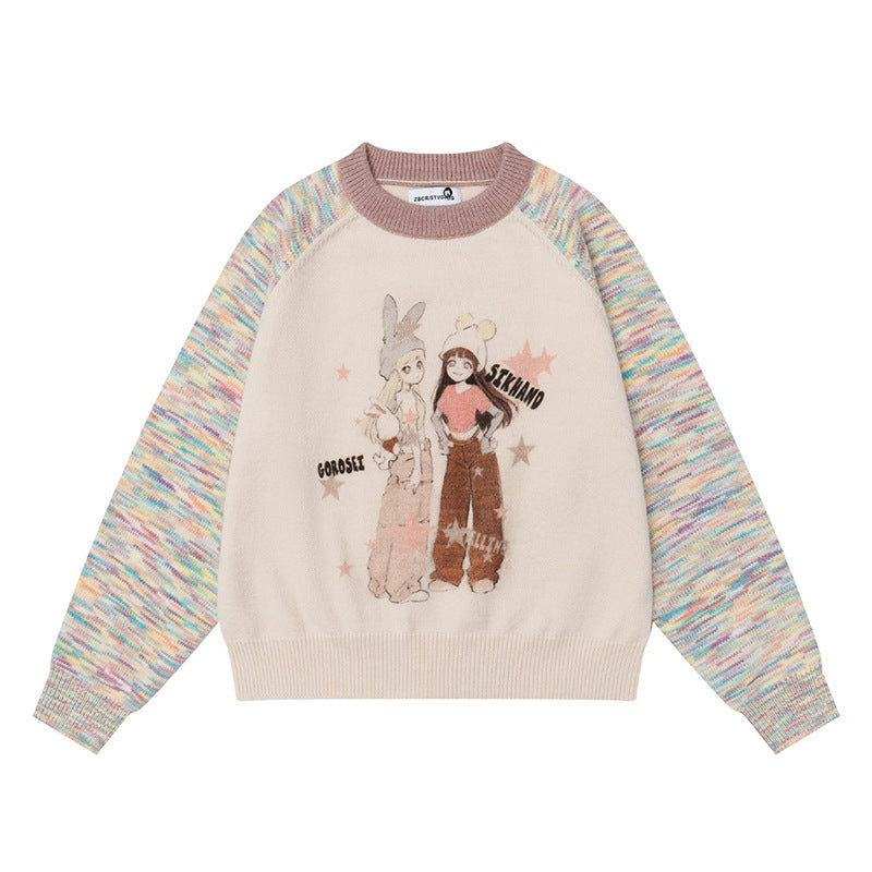 Women's Beige Multicolor Graphic Knit Round Neck Sweater
