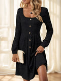 Elegant Long Sleeve Ribbed Knit Midi Dress with Button Details