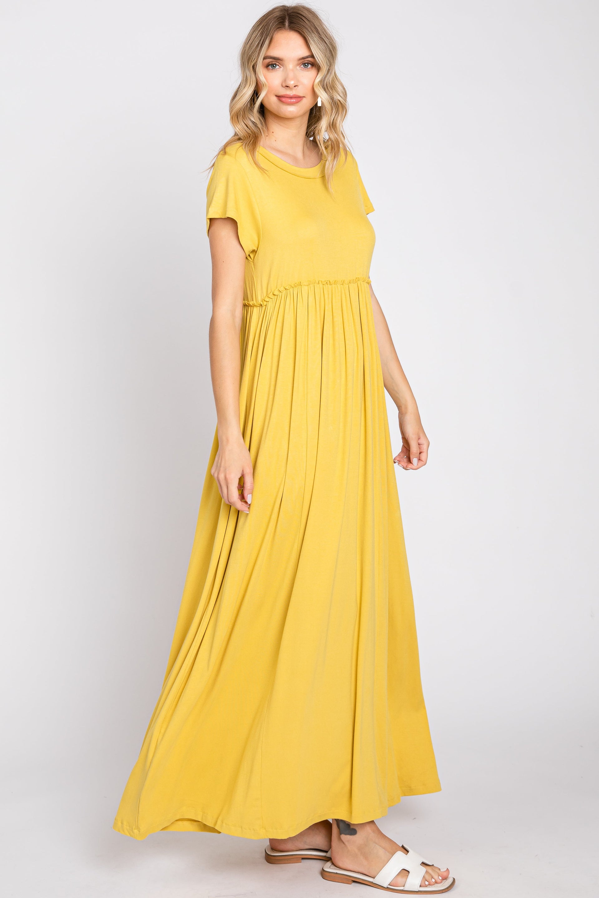 Yellow Short Sleeve Ruffled Waist Pocketed Maxi Dress - Image 2