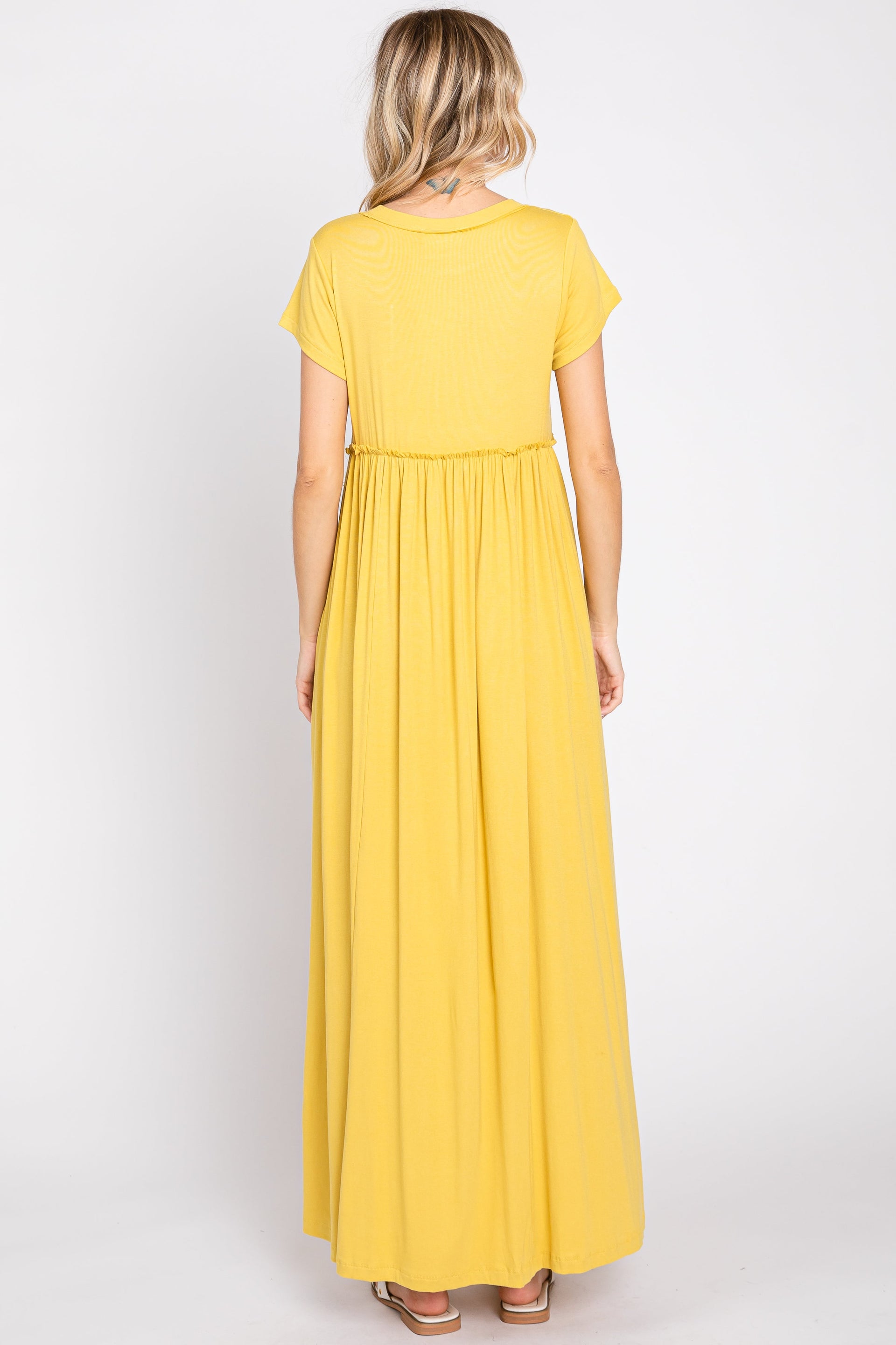 Yellow Short Sleeve Ruffled Waist Pocketed Maxi Dress - Image 3
