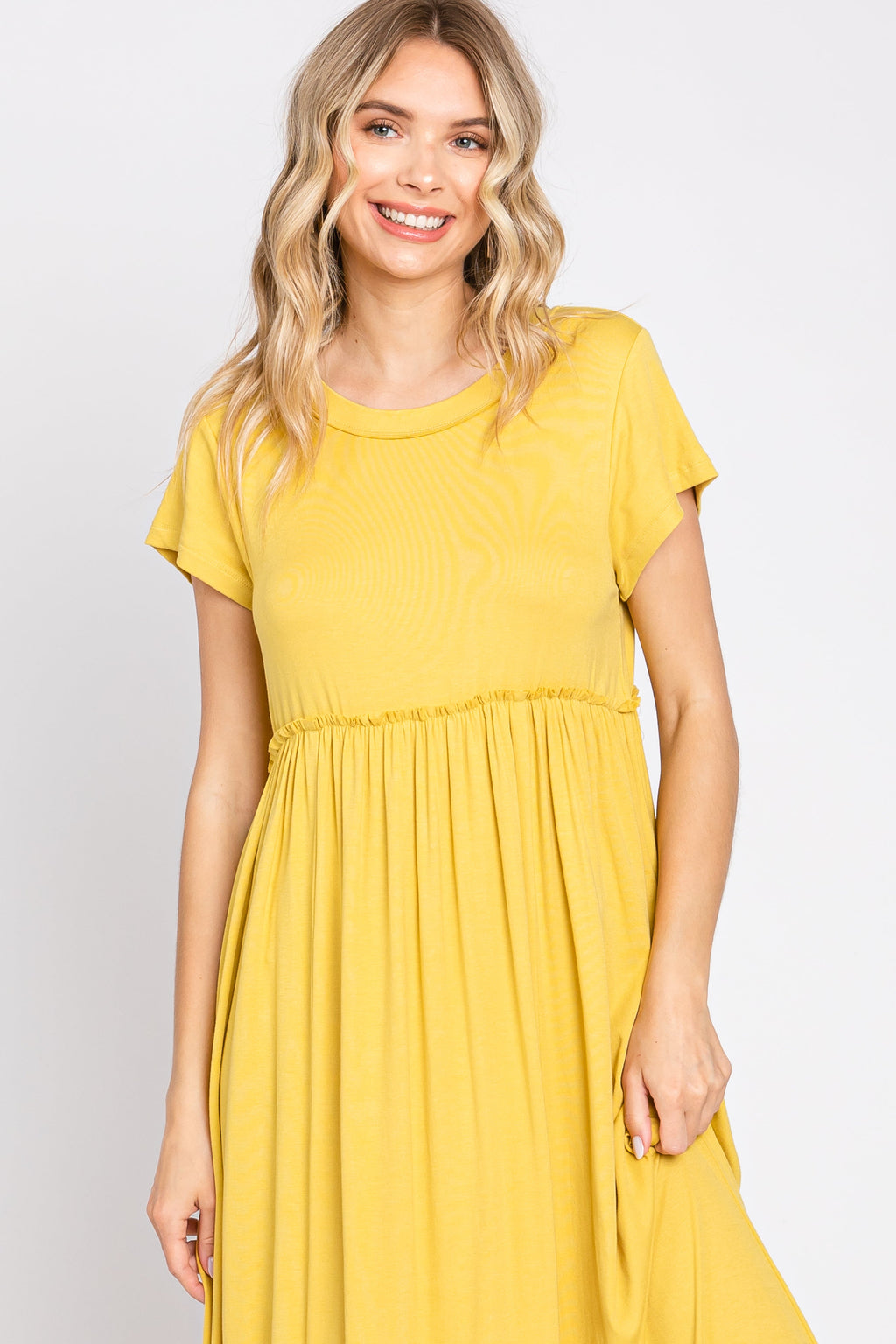 Yellow Short Sleeve Ruffled Waist Pocketed Maxi Dress - Image 4