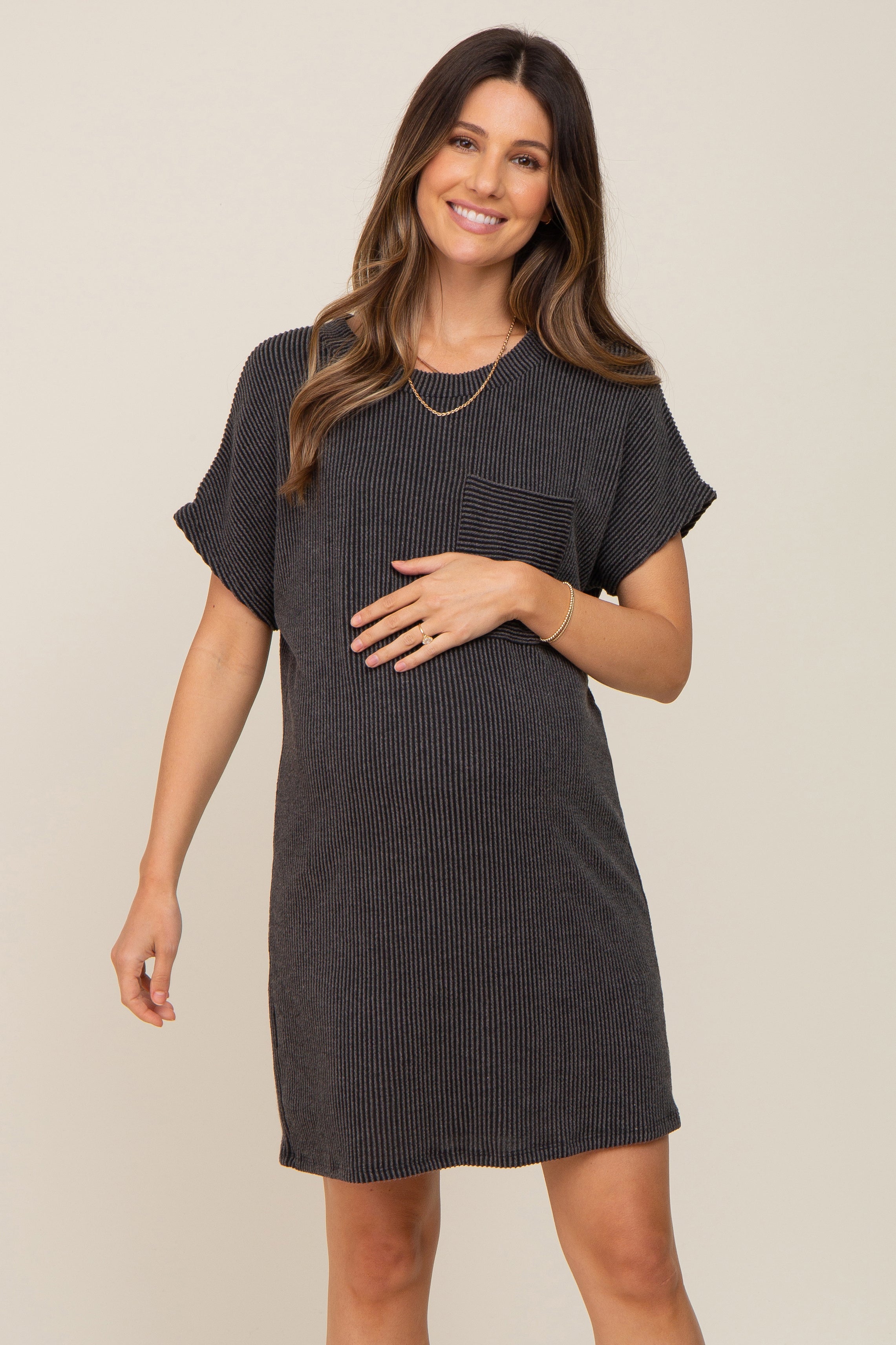 Charcoal Ribbed Front Pocket Dolman Short Sleeve Maternity Dress