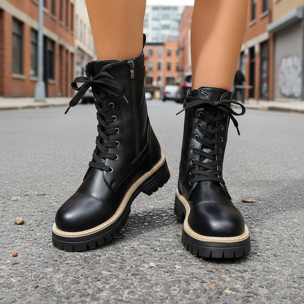 Women’s Solid Color Lace Up Mid Boots with Side Zipper and Low Heel