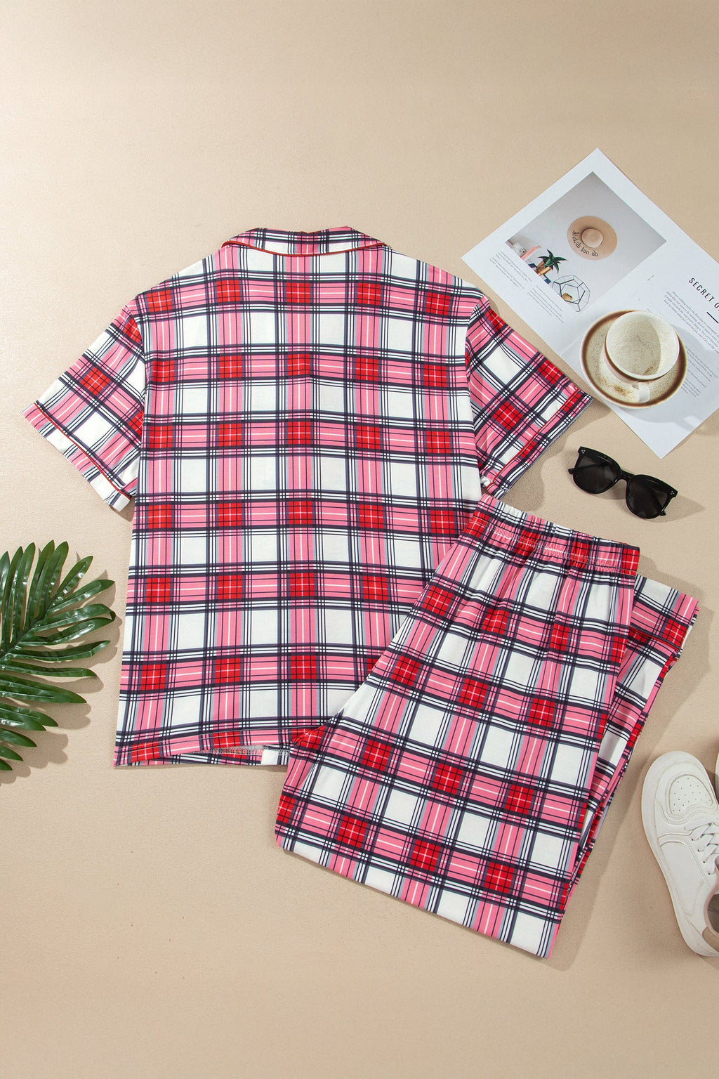 Plus Size Plaid Buttoned Shirt & Pants Pajama Set