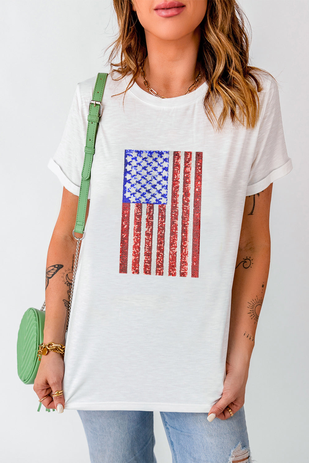 White Shimmery USA Flag Graphic Round Neck Tee Patriotic Shirt