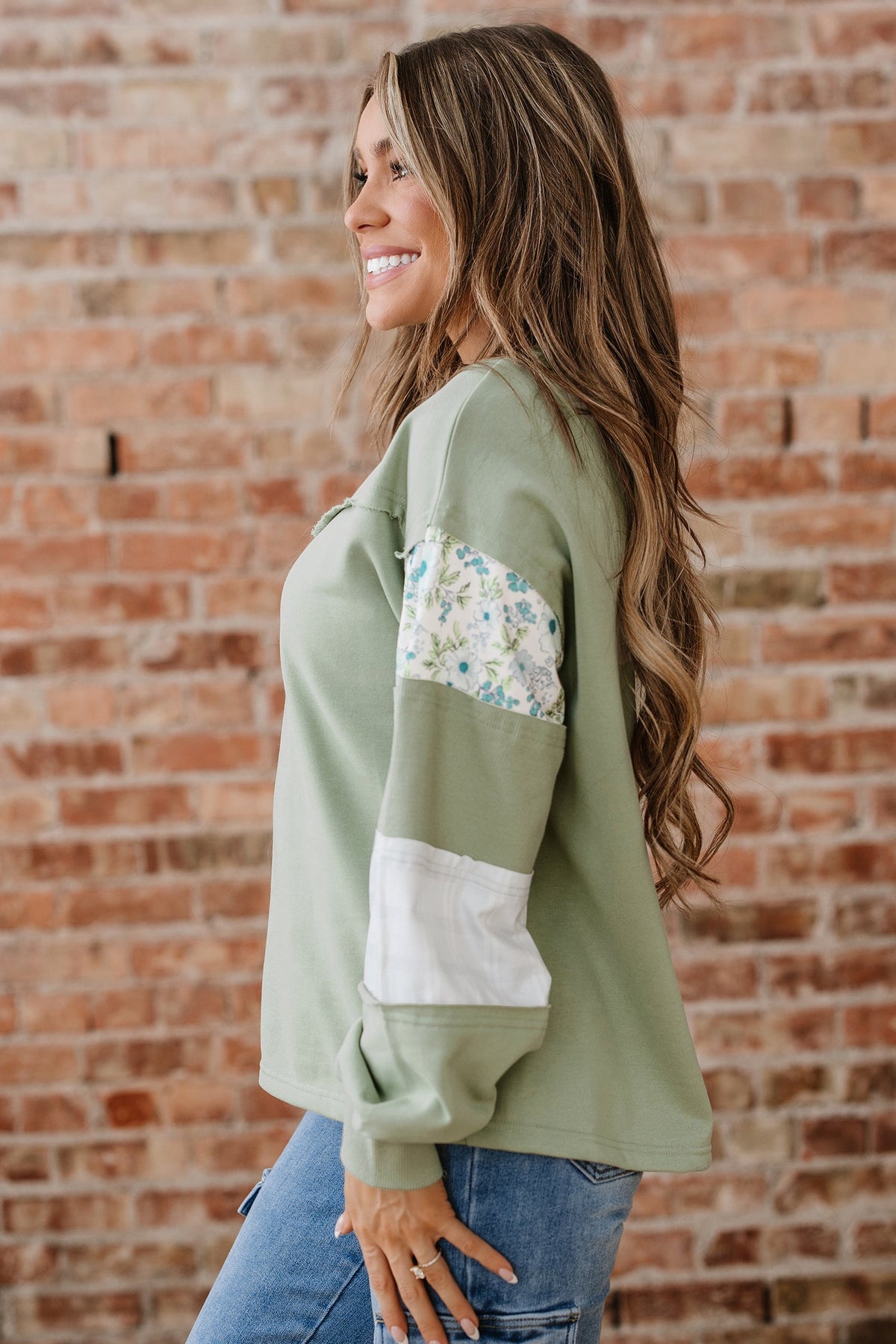 Floral Plaid Patchwork Sleeve French Terry Top