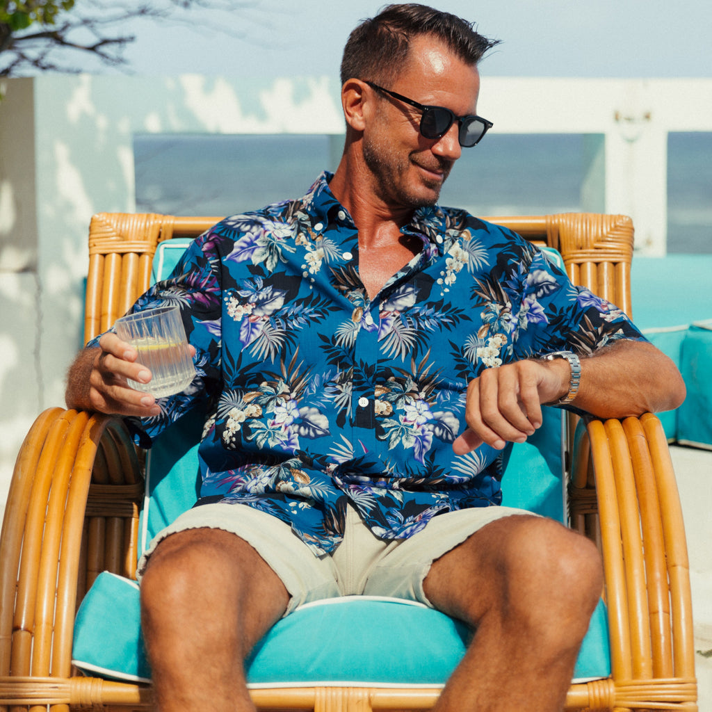 Dark Blue Hand-Painted Orchid Floral Cotton Button-Down Shirt