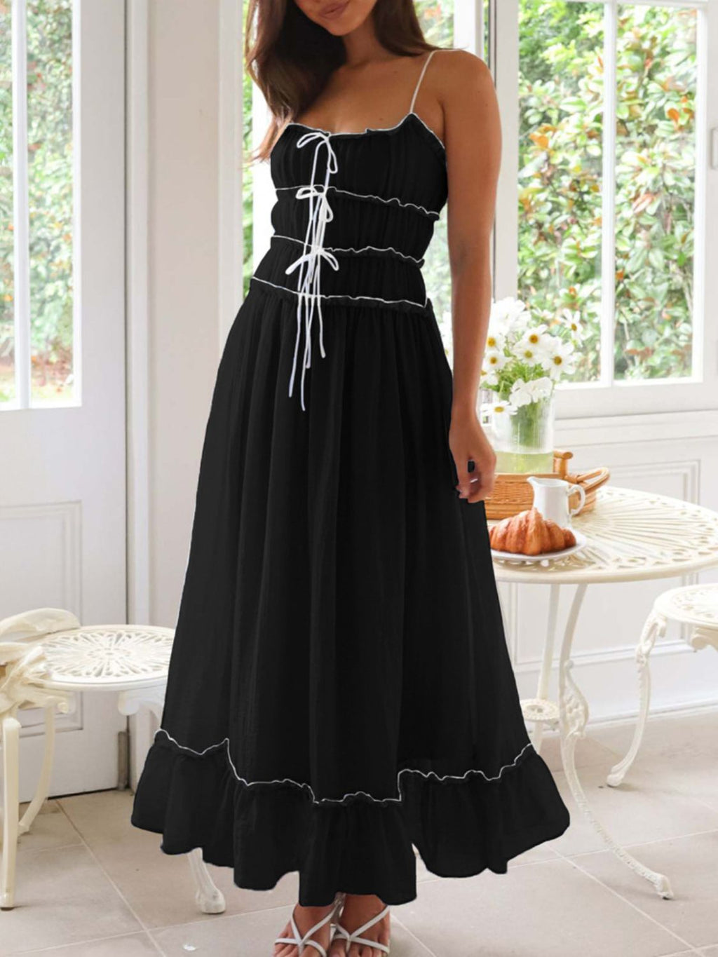 Girls Vintage Ruffled Hem Midi Dress with Tied and Ruched Detail