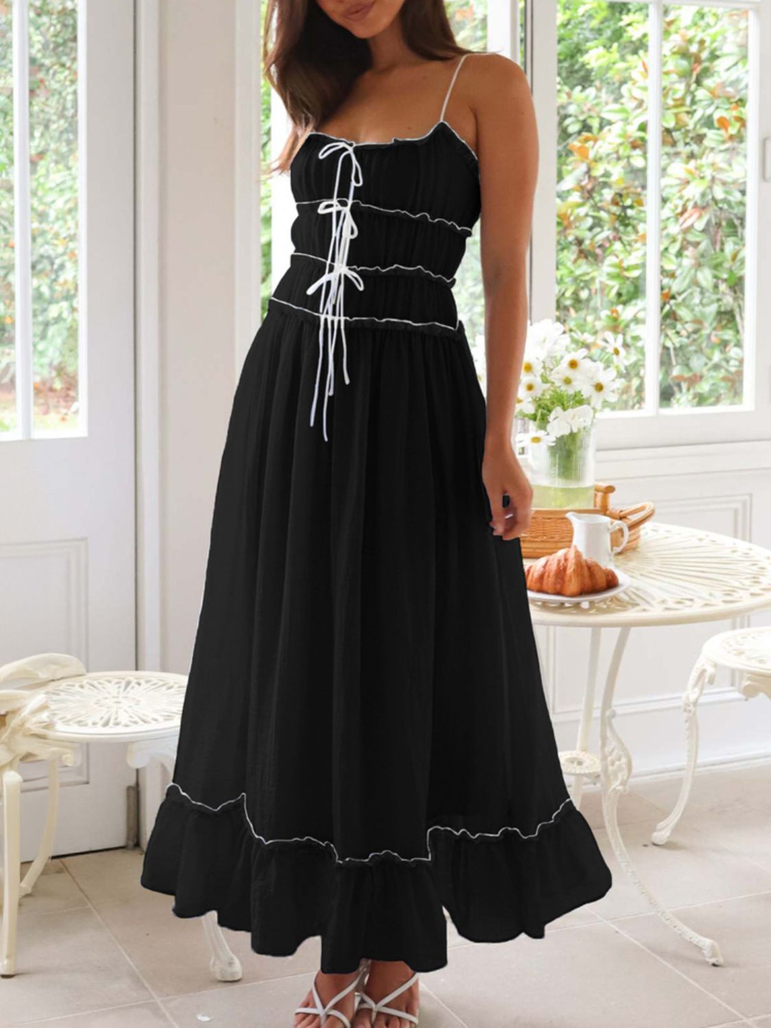 Girls Vintage Ruffled Hem Midi Dress with Tied and Ruched Detail